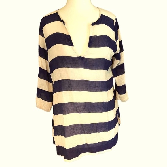J. Crew blue and white striped gauzy tunic swim cover-up, Medium - Picture 1 of 7